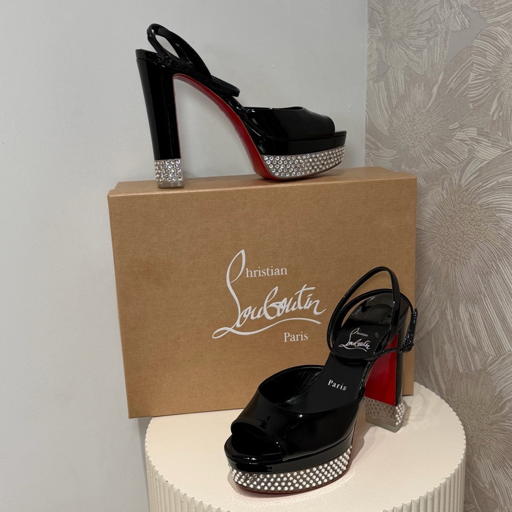 Christian Louboutin Black Patent Platform Sandals with Crystal Detail - Picture 3 of 4